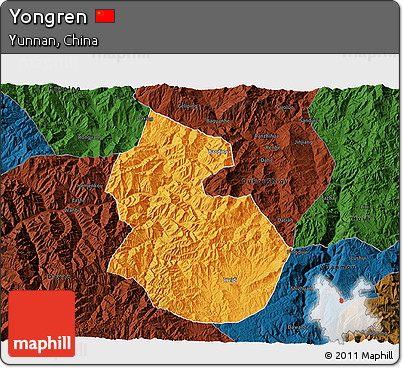 Political 3D Map of Yongren, darken
