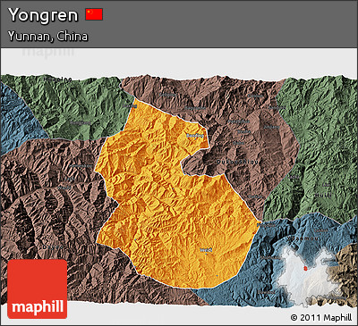 Political 3D Map of Yongren, darken, semi-desaturated