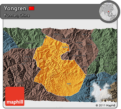 Political 3D Map of Yongren, darken, semi-desaturated
