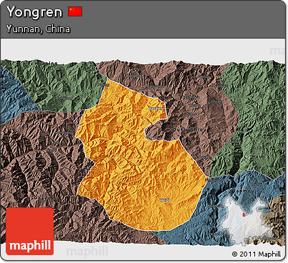 Political 3D Map of Yongren, darken, semi-desaturated