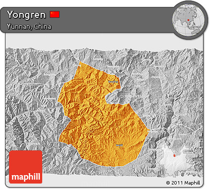 Political 3D Map of Yongren, lighten, desaturated