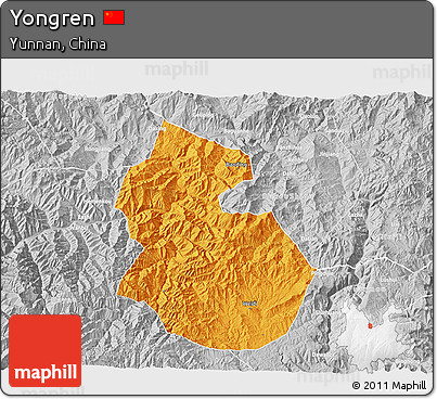Political 3D Map of Yongren, lighten, desaturated