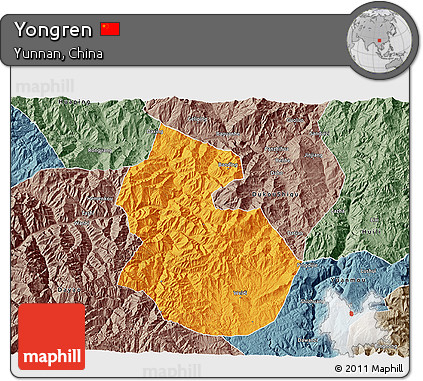 Political 3D Map of Yongren, semi-desaturated