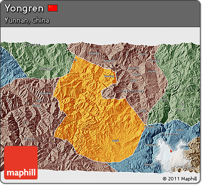 Political 3D Map of Yongren, semi-desaturated