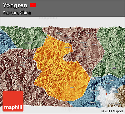 Political 3D Map of Yongren, semi-desaturated
