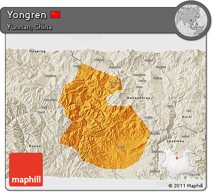 Political 3D Map of Yongren, shaded relief outside