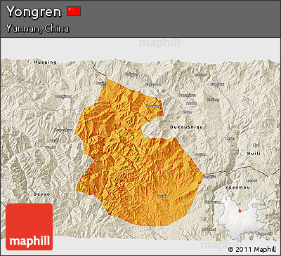 Political 3D Map of Yongren, shaded relief outside