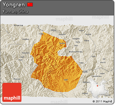 Political 3D Map of Yongren, shaded relief outside