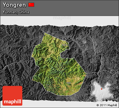 Satellite 3D Map of Yongren, darken, desaturated