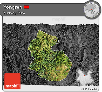 Satellite 3D Map of Yongren, darken, desaturated