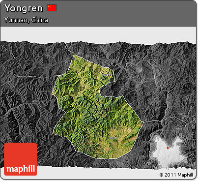Satellite 3D Map of Yongren, darken, desaturated