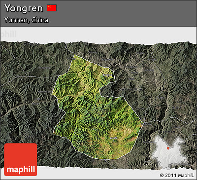 Satellite 3D Map of Yongren, darken, semi-desaturated