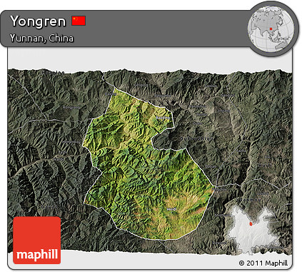 Satellite 3D Map of Yongren, darken, semi-desaturated