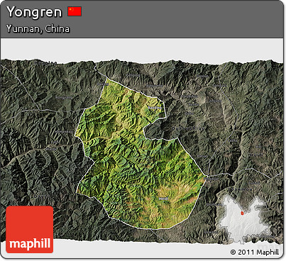 Satellite 3D Map of Yongren, darken, semi-desaturated