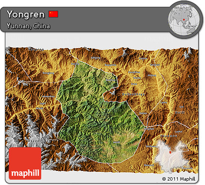 Satellite 3D Map of Yongren, physical outside