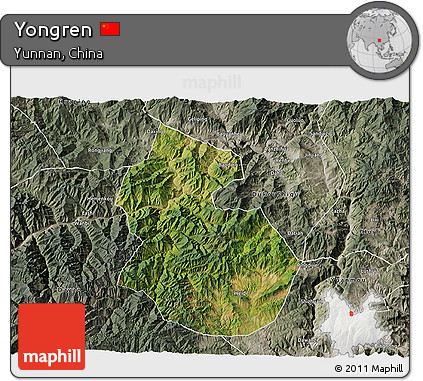 Satellite 3D Map of Yongren, semi-desaturated