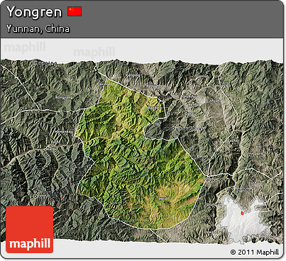Satellite 3D Map of Yongren, semi-desaturated