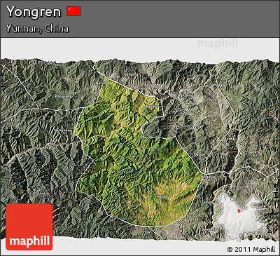 Satellite 3D Map of Yongren, semi-desaturated