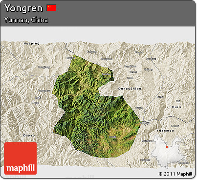 Satellite 3D Map of Yongren, shaded relief outside
