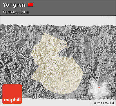 Shaded Relief 3D Map of Yongren, darken, desaturated