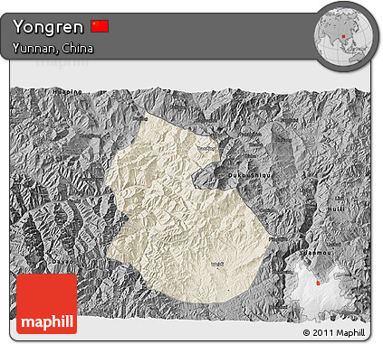 Shaded Relief 3D Map of Yongren, darken, desaturated