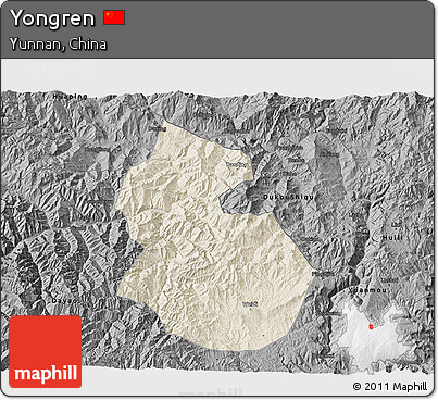 Shaded Relief 3D Map of Yongren, darken, desaturated