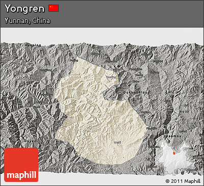 Shaded Relief 3D Map of Yongren, darken, semi-desaturated