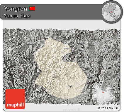 Shaded Relief 3D Map of Yongren, darken, semi-desaturated
