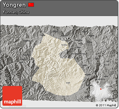 Shaded Relief 3D Map of Yongren, darken, semi-desaturated