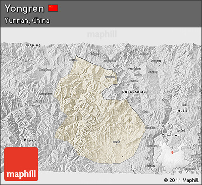 Shaded Relief 3D Map of Yongren, desaturated
