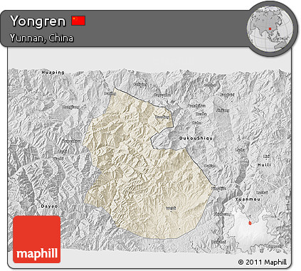Shaded Relief 3D Map of Yongren, desaturated