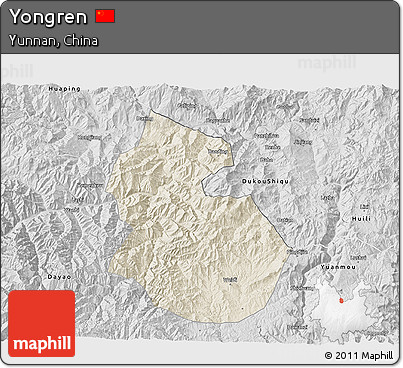 Shaded Relief 3D Map of Yongren, desaturated