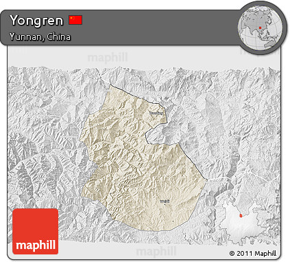 Shaded Relief 3D Map of Yongren, lighten, desaturated