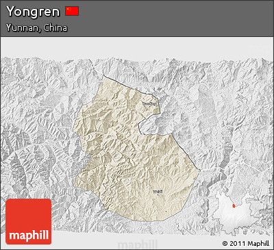 Shaded Relief 3D Map of Yongren, lighten, desaturated
