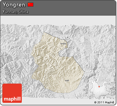 Shaded Relief 3D Map of Yongren, lighten, desaturated