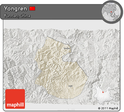 Shaded Relief 3D Map of Yongren, lighten, semi-desaturated