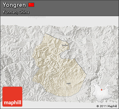 Shaded Relief 3D Map of Yongren, lighten, semi-desaturated
