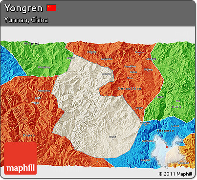 Shaded Relief 3D Map of Yongren, political outside