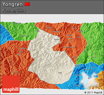 Shaded Relief 3D Map of Yongren, political outside