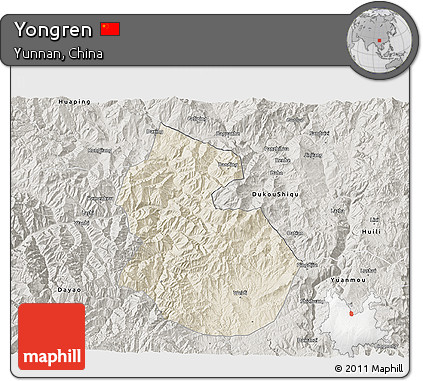 Shaded Relief 3D Map of Yongren, semi-desaturated