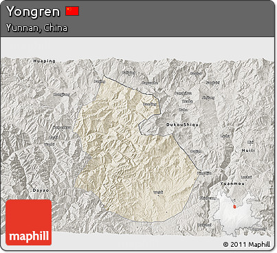 Shaded Relief 3D Map of Yongren, semi-desaturated