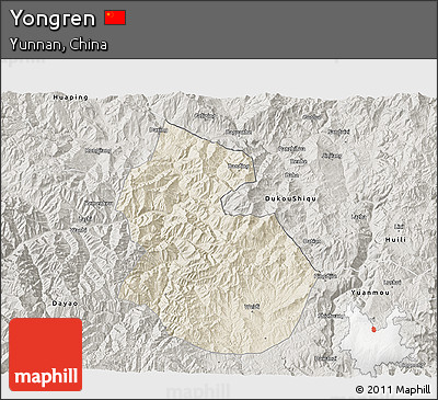Shaded Relief 3D Map of Yongren, semi-desaturated