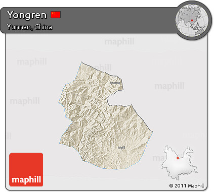 Shaded Relief 3D Map of Yongren, single color outside