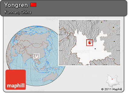 Gray Location Map of Yongren, highlighted parent region, hill shading