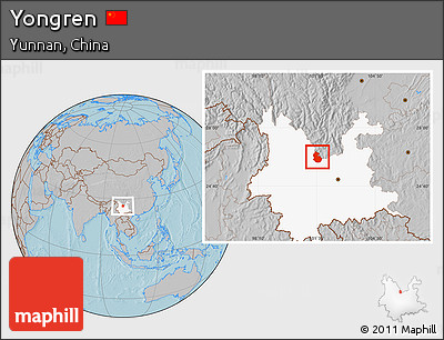Gray Location Map of Yongren, highlighted parent region, hill shading