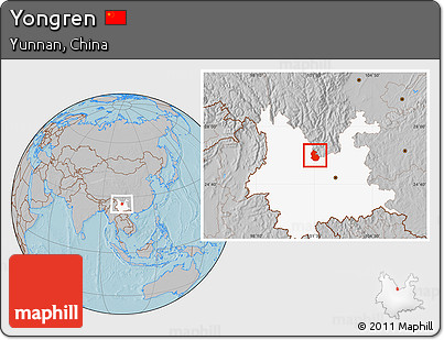 Gray Location Map of Yongren, highlighted parent region, hill shading