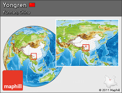 Physical Location Map of Yongren, highlighted country, within the entire country