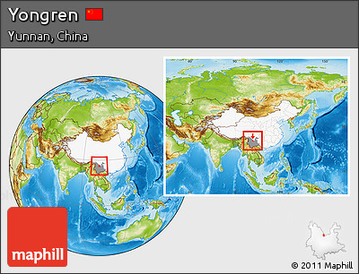 Physical Location Map of Yongren, highlighted country, highlighted parent region, within the entire country