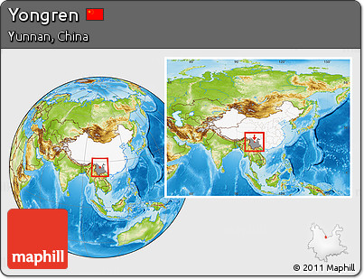 Physical Location Map of Yongren, highlighted country, highlighted parent region, within the entire country