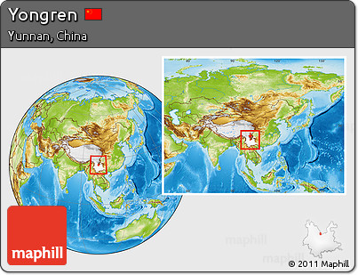 Physical Location Map of Yongren, highlighted parent region, within the entire country